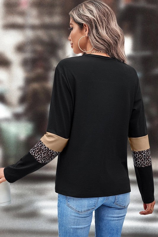 Leopard Colorblock Patchwork Crew Neck Top - Charming Charlie