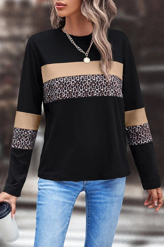 Leopard Colorblock Patchwork Crew Neck Top - Charming Charlie