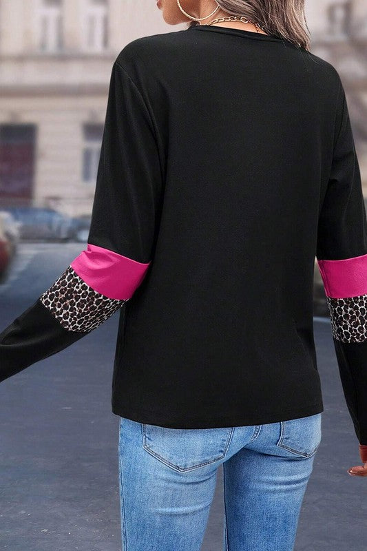 Leopard Colorblock Patchwork Crew Neck Top - Charming Charlie