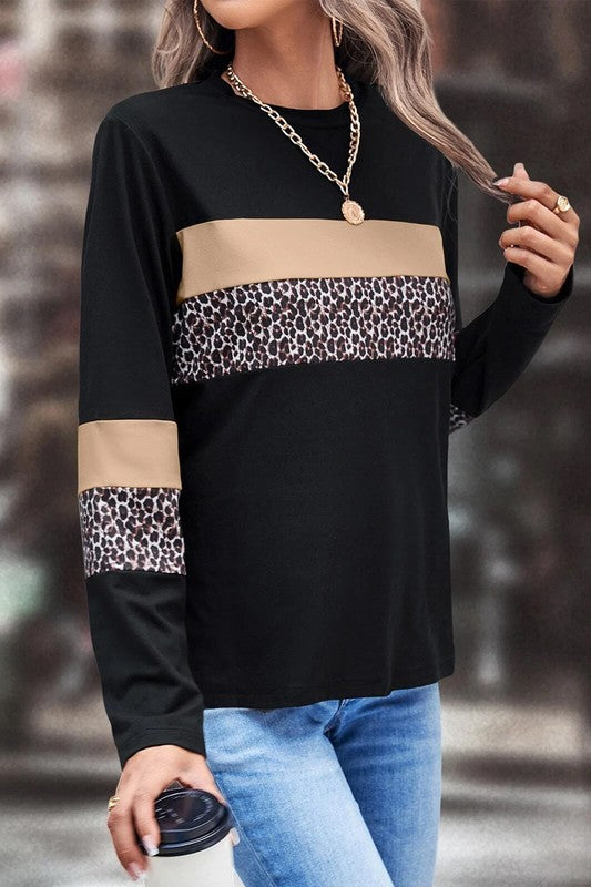 Leopard Colorblock Patchwork Crew Neck Top - Charming Charlie