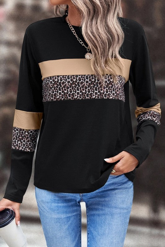 Leopard Colorblock Patchwork Crew Neck Top - Charming Charlie