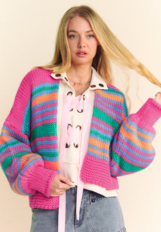 Contrast Striped Open Front Long Sleeve Cardigan - Charming Charlie