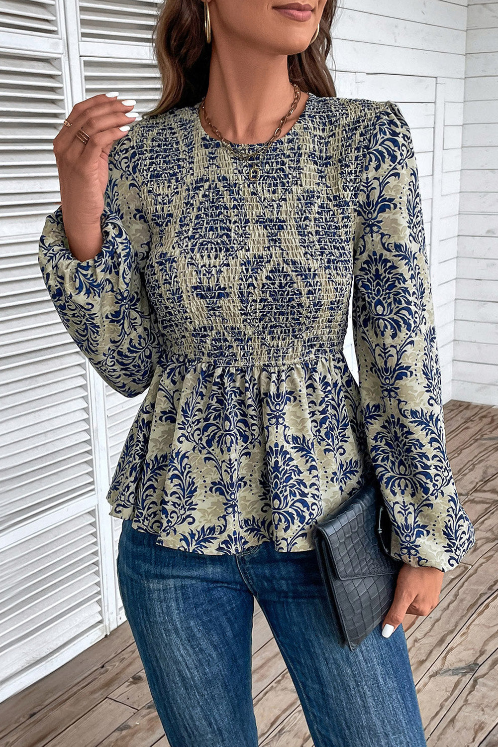 Peplum Printed Round Neck Long Sleeve Blouse - Charming Charlie