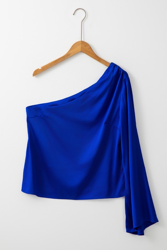 Asymmetric One Shoulder Bell Sleeve Satin Blouse - Charming Charlie