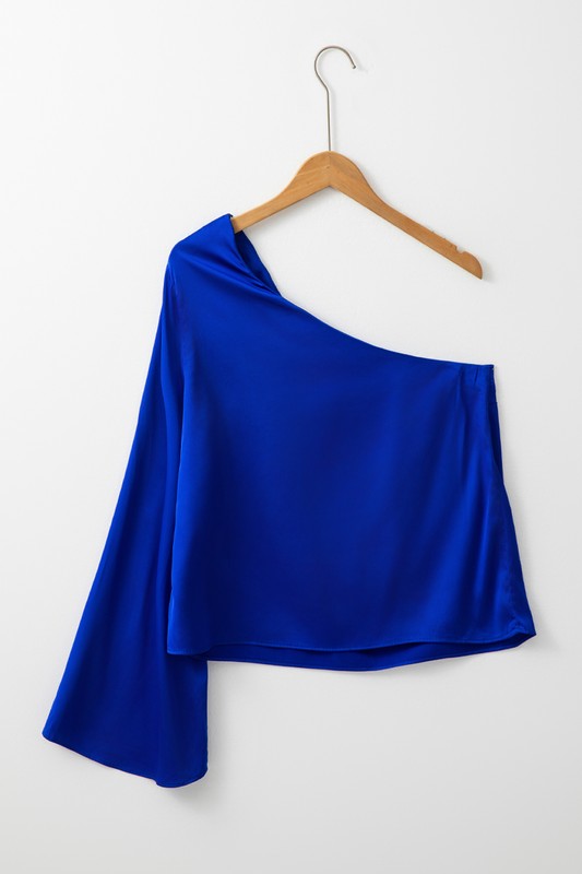 Asymmetric One Shoulder Bell Sleeve Satin Blouse - Charming Charlie