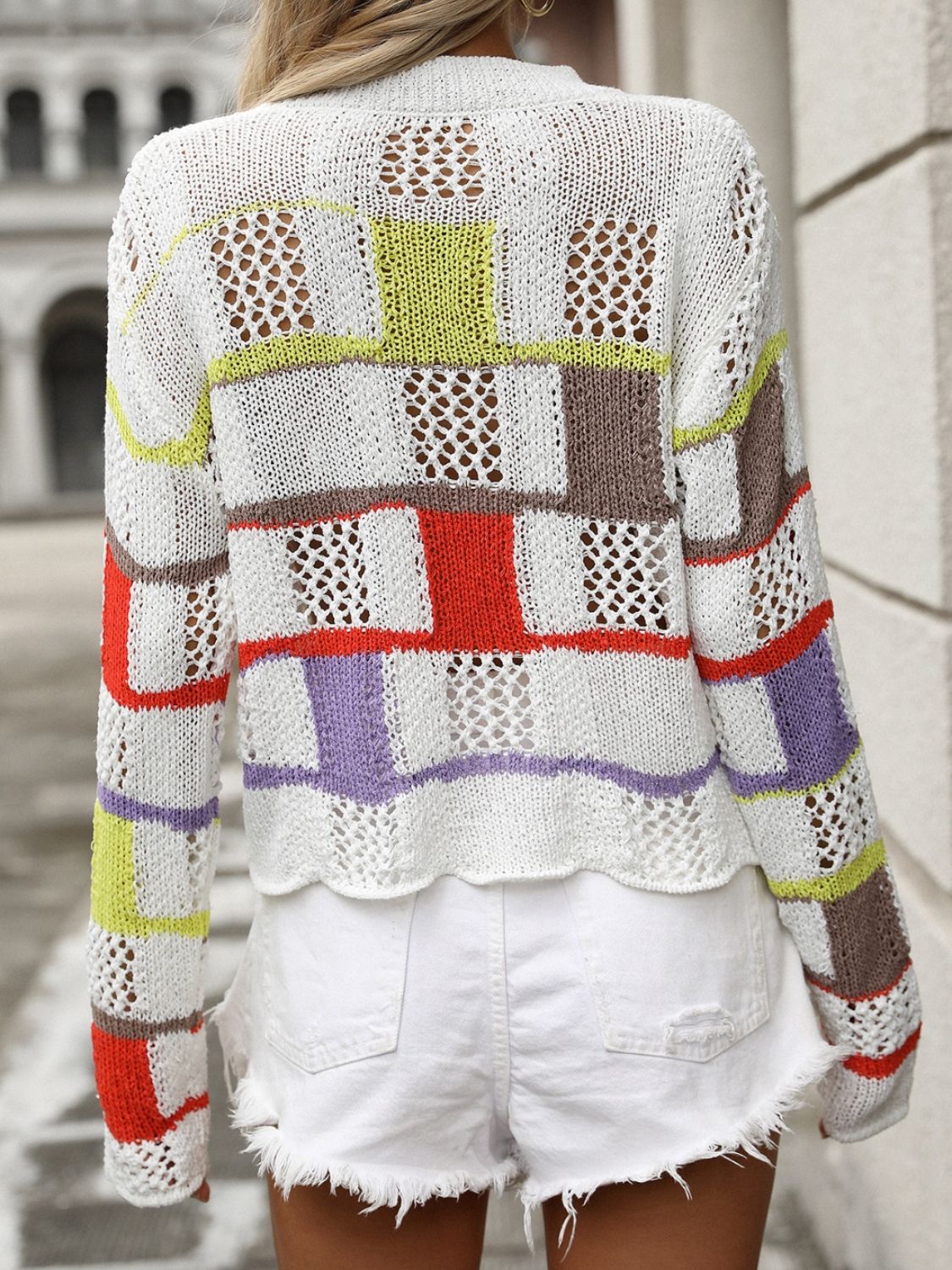 Openwork Color Block Round Neck Sweater - Charming Charlie
