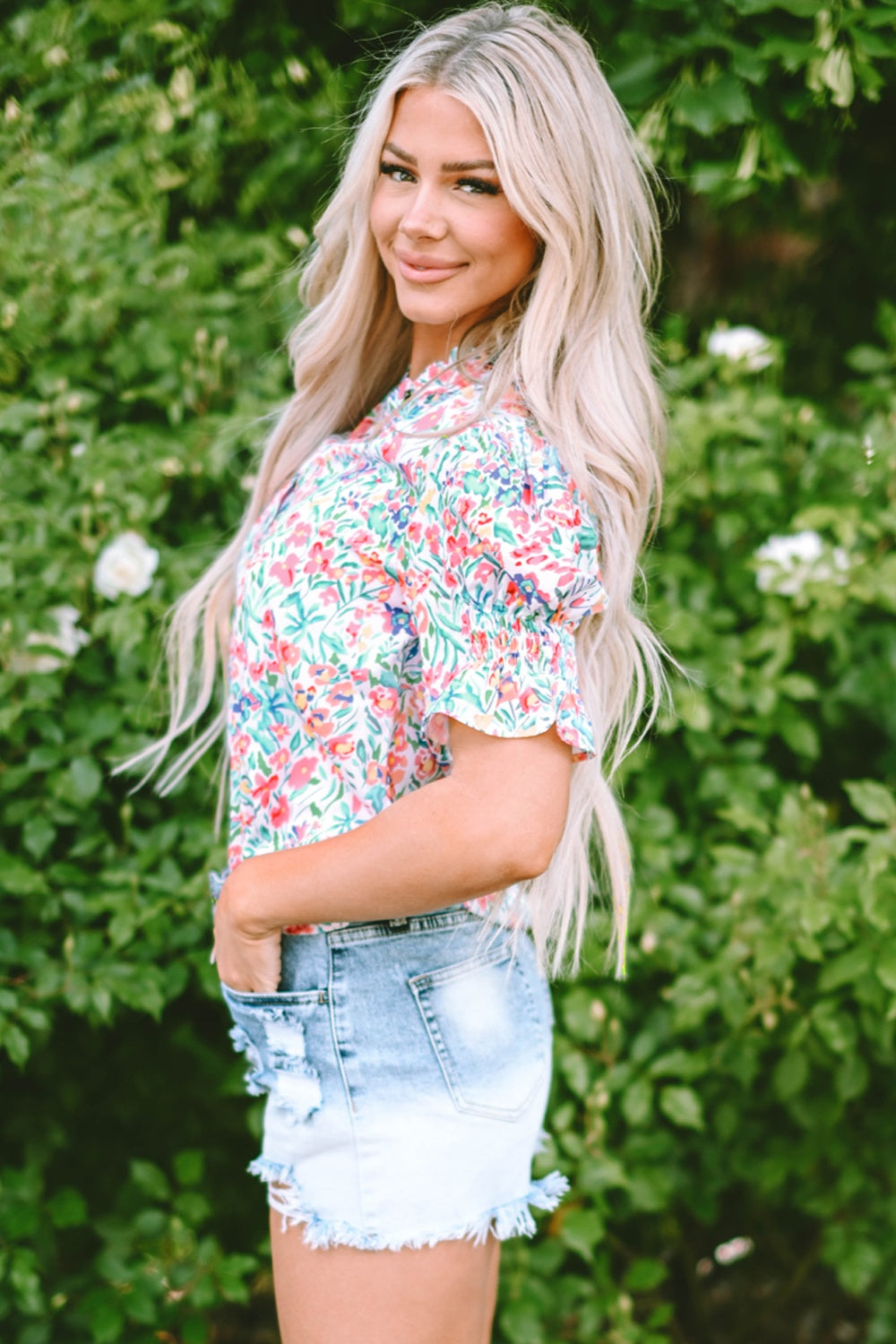 Printed Notched Short Sleeve Blouse - Charming Charlie
