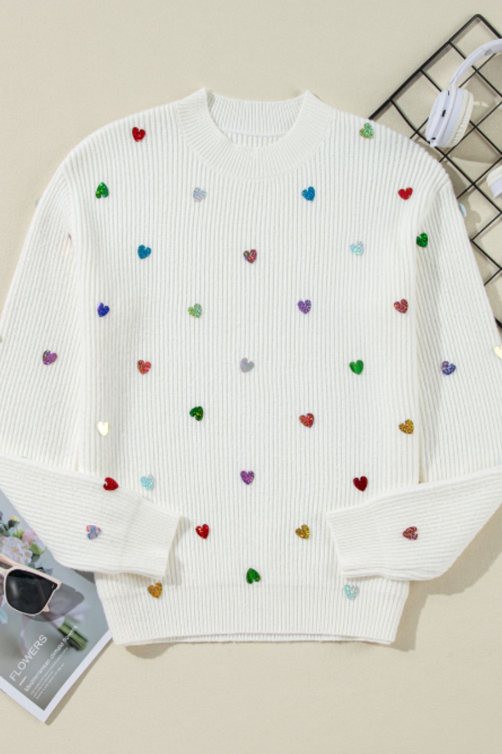 Heart Sequin Round Neck Long Sleeve Sweater - Charming Charlie