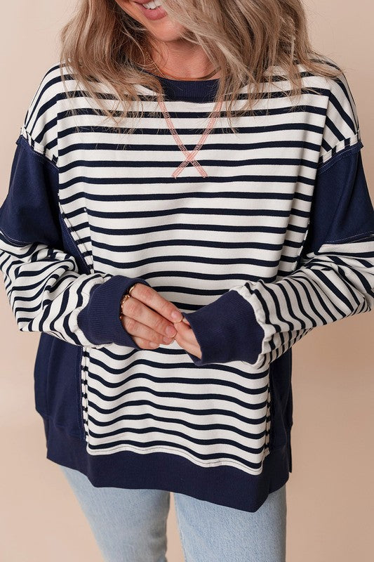 Stripe Patchwork Exposed Seam Loose Fit Sweatshirt - Charming Charlie