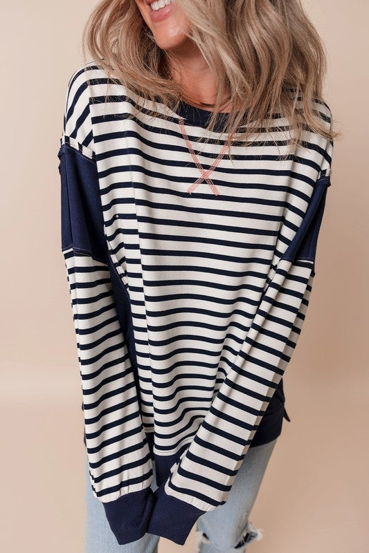 Stripe Patchwork Exposed Seam Loose Fit Sweatshirt - Charming Charlie
