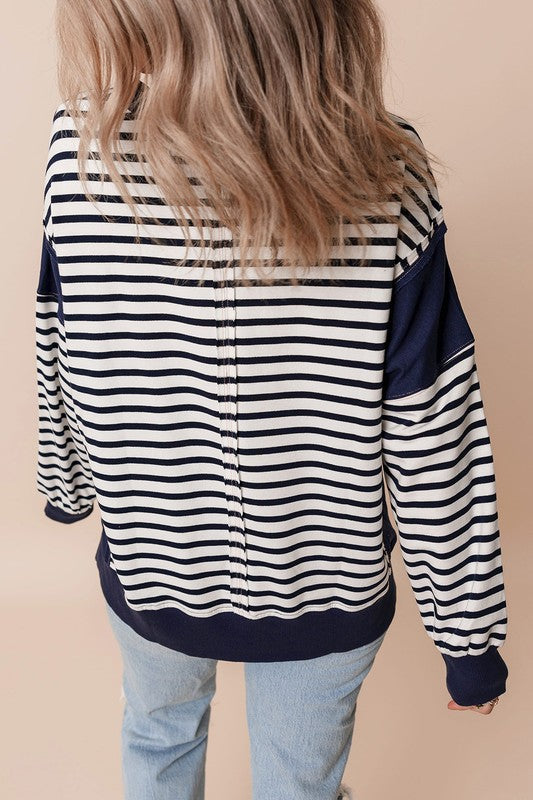 Stripe Patchwork Exposed Seam Loose Fit Sweatshirt - Charming Charlie