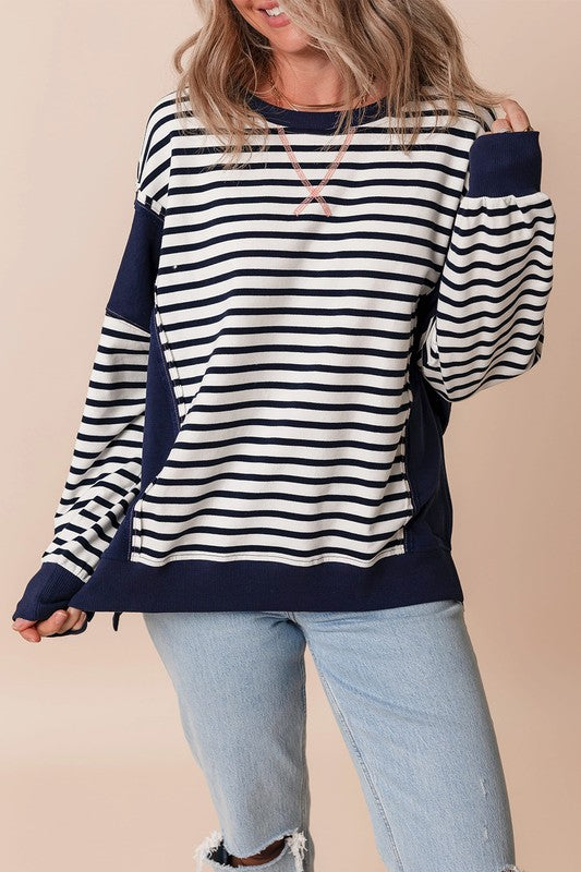 Stripe Patchwork Exposed Seam Loose Fit Sweatshirt - Charming Charlie