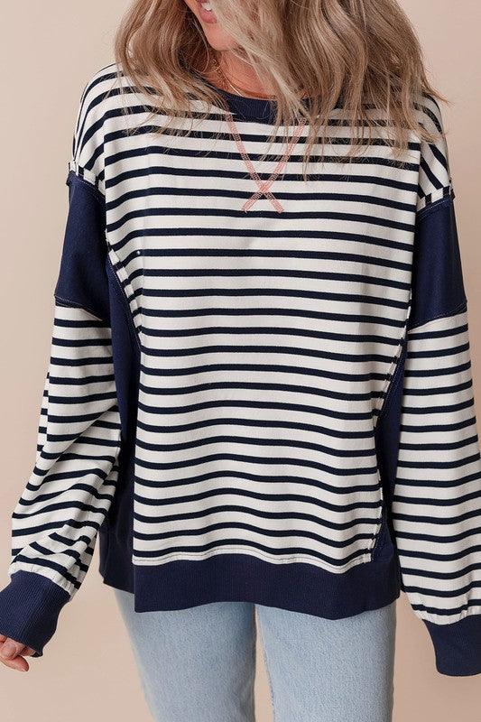 Stripe Patchwork Exposed Seam Loose Fit Sweatshirt - Charming Charlie