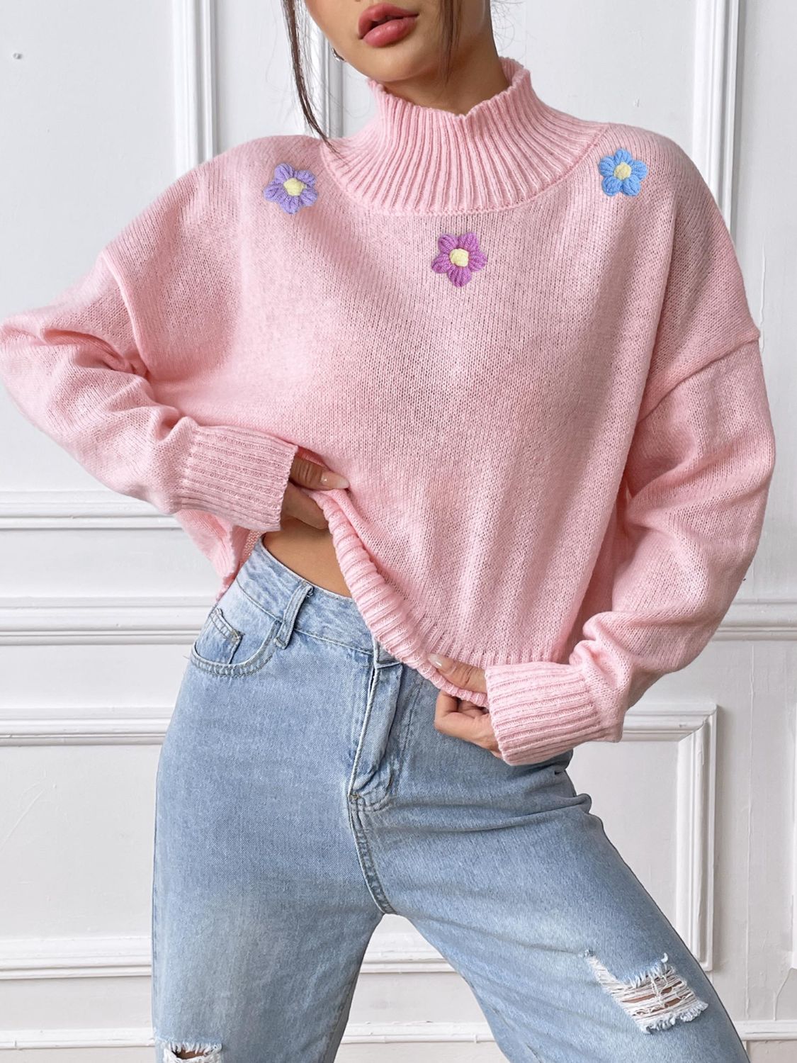 Flower Turtleneck Long Sleeve Sweater - Charming Charlie