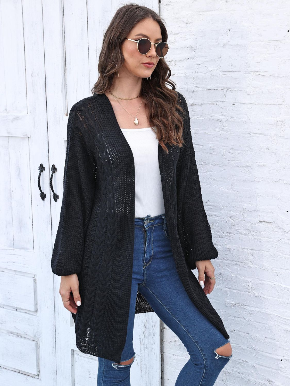 Cable-Knit Open Front Long Sleeve Cardigan - Charming Charlie