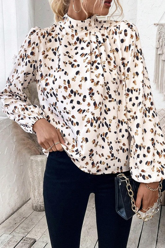 Brown Stripe Ricrac Trim Short Puff Sleeve Leopard Patchwork Collar V Neck Blouse