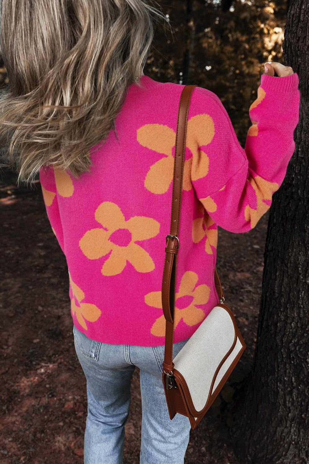 Flower Round Neck Long Sleeve Sweater - Charming Charlie