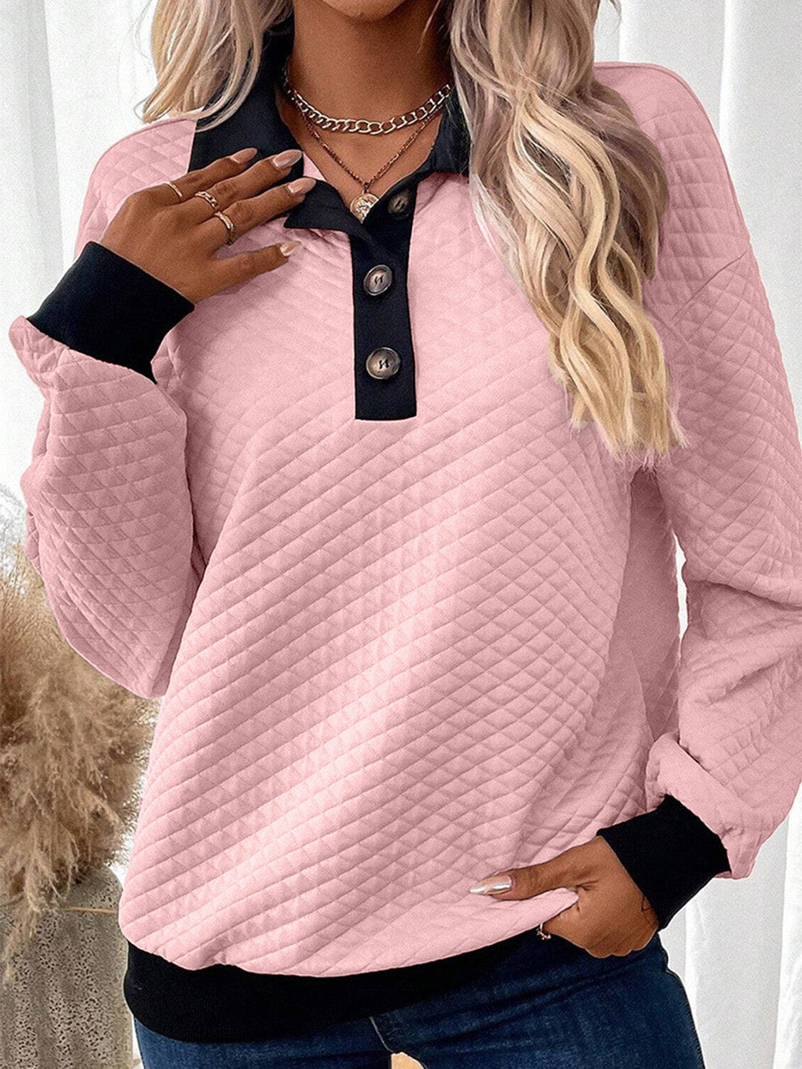 Texture Quarter Button Long Sleeve Sweatshirt - Charming Charlie