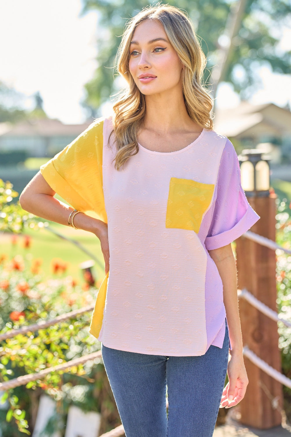 Hailey & Co Full Size Color Block Short Sleeve Top - Charming Charlie