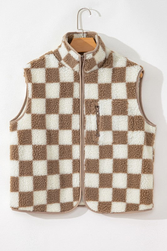 Checkered Sherpa Collared Jacket Vest - Charming Charlie
