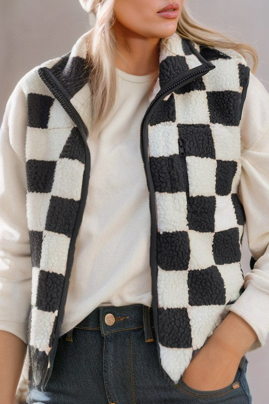 Checkered Sherpa Collared Jacket Vest - Charming Charlie