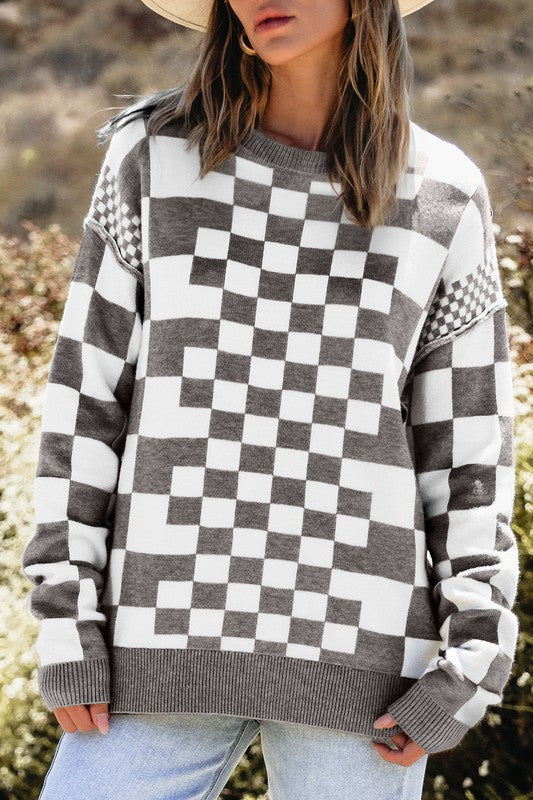 Checkered Drop Shoulder Round Neck Sweater - Charming Charlie