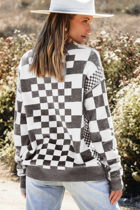 Checkered Drop Shoulder Round Neck Sweater - Charming Charlie