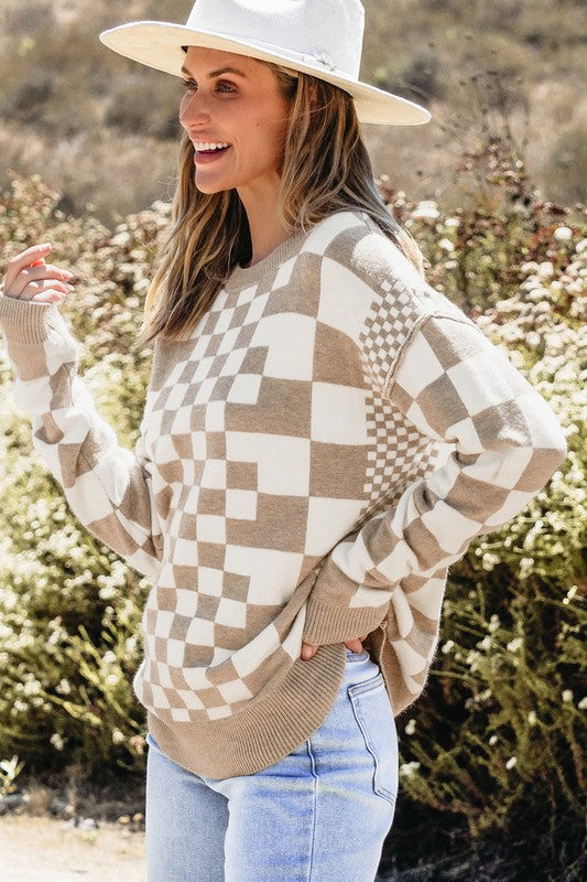 Checkered Drop Shoulder Round Neck Sweater - Charming Charlie