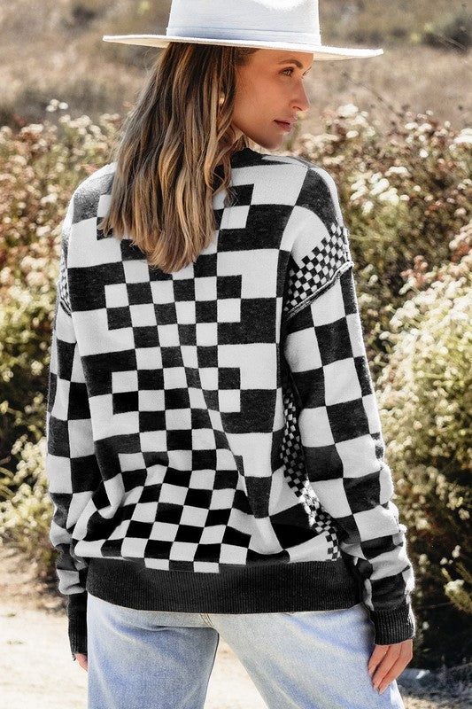 Checkered Drop Shoulder Round Neck Sweater - Charming Charlie