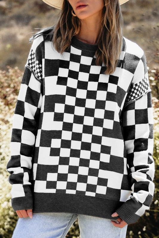 Checkered Drop Shoulder Round Neck Sweater - Charming Charlie