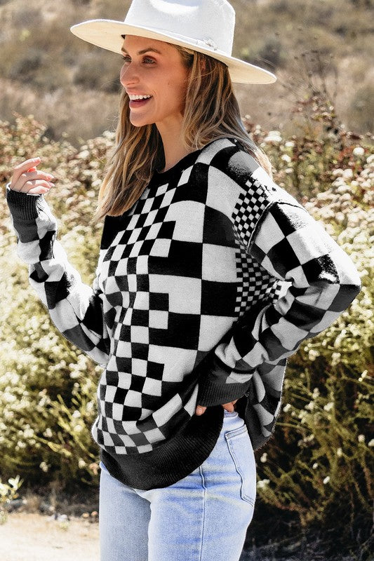 Checkered Drop Shoulder Round Neck Sweater - Charming Charlie
