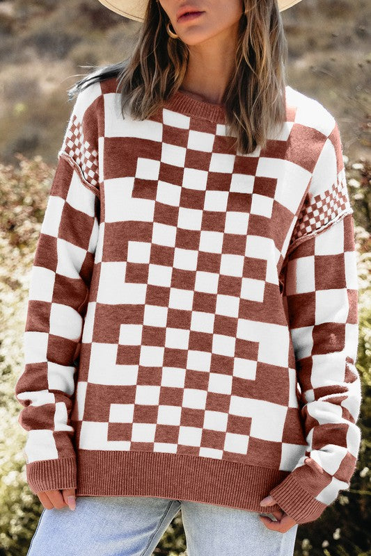 Checkered Drop Shoulder Round Neck Sweater - Charming Charlie