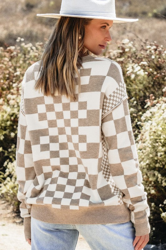 Checkered Drop Shoulder Round Neck Sweater - Charming Charlie