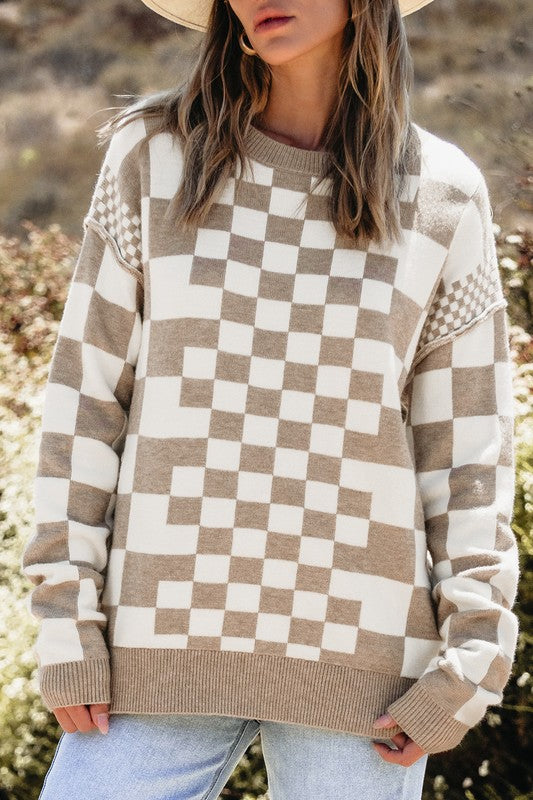 Checkered Drop Shoulder Round Neck Sweater - Charming Charlie