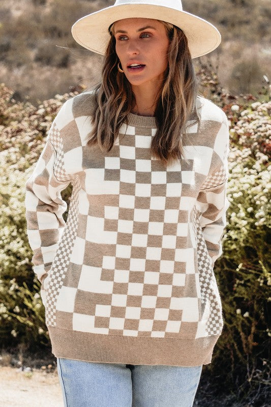 Checkered Drop Shoulder Round Neck Sweater - Charming Charlie