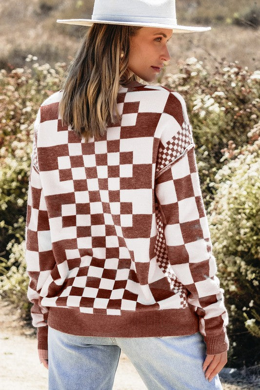 Checkered Drop Shoulder Round Neck Sweater - Charming Charlie