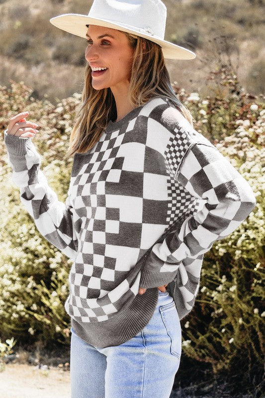 Checkered Drop Shoulder Round Neck Sweater - Charming Charlie