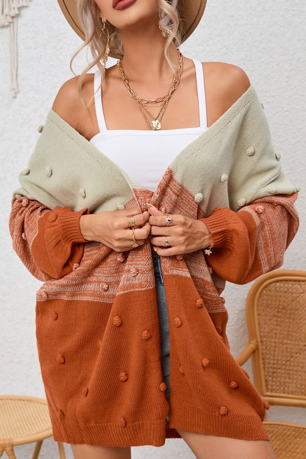 Pompom Color Block Open Front Cardigan - Charming Charlie