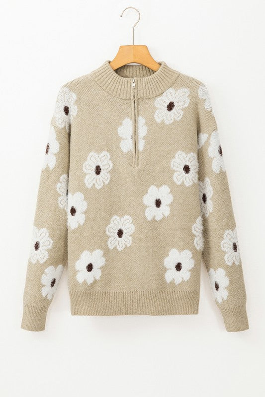Vintage 60s Floral Pattern Half Zip Collar Sweater - Charming Charlie