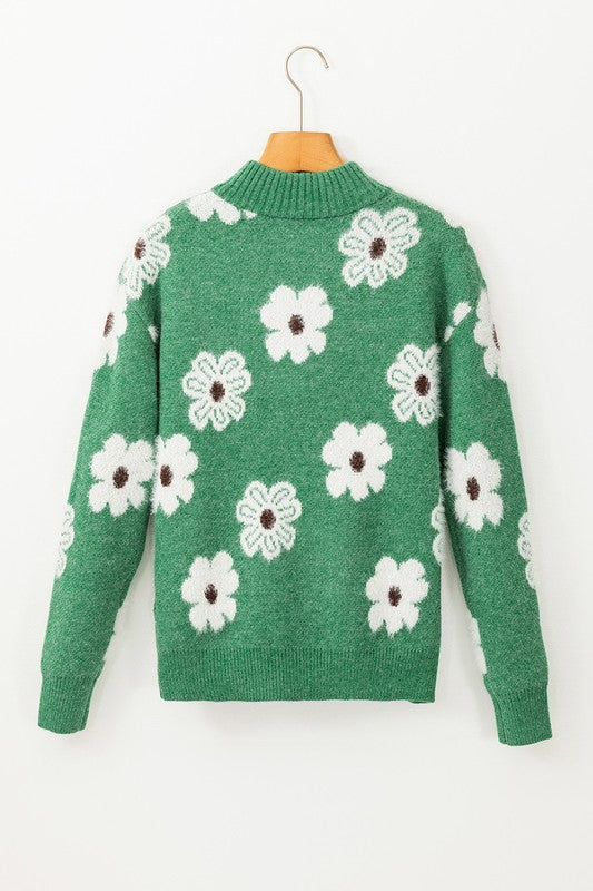 Vintage 60s Floral Pattern Half Zip Collar Sweater - Charming Charlie
