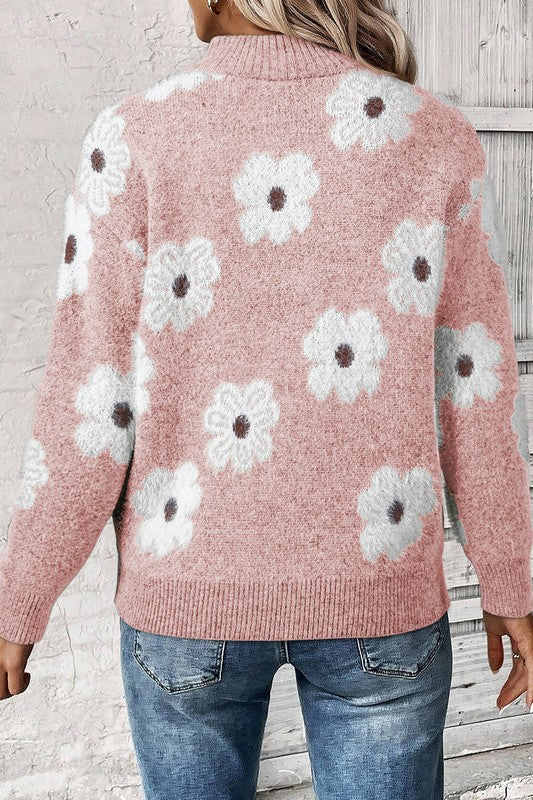 Vintage 60s Floral Pattern Half Zip Collar Sweater - Charming Charlie