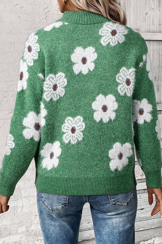Vintage 60s Floral Pattern Half Zip Collar Sweater - Charming Charlie