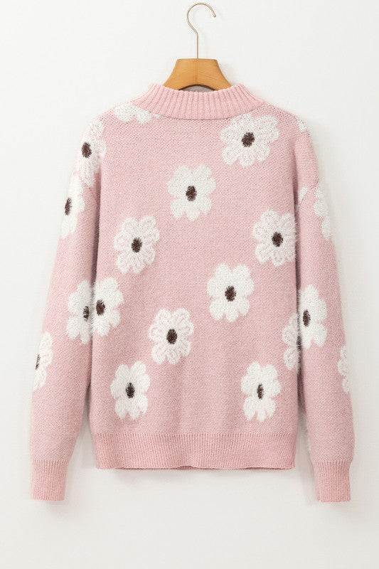 Vintage 60s Floral Pattern Half Zip Collar Sweater - Charming Charlie
