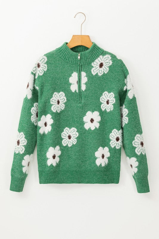 Vintage 60s Floral Pattern Half Zip Collar Sweater - Charming Charlie