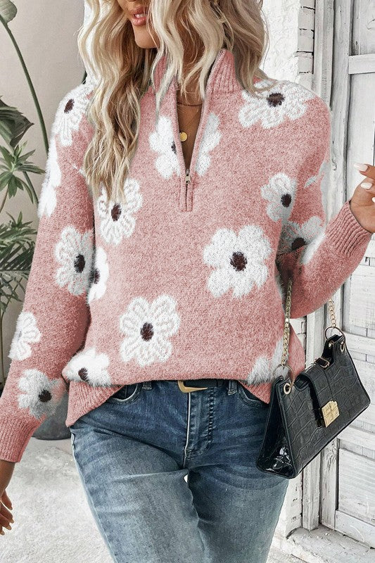 Vintage 60s Floral Pattern Half Zip Collar Sweater - Charming Charlie