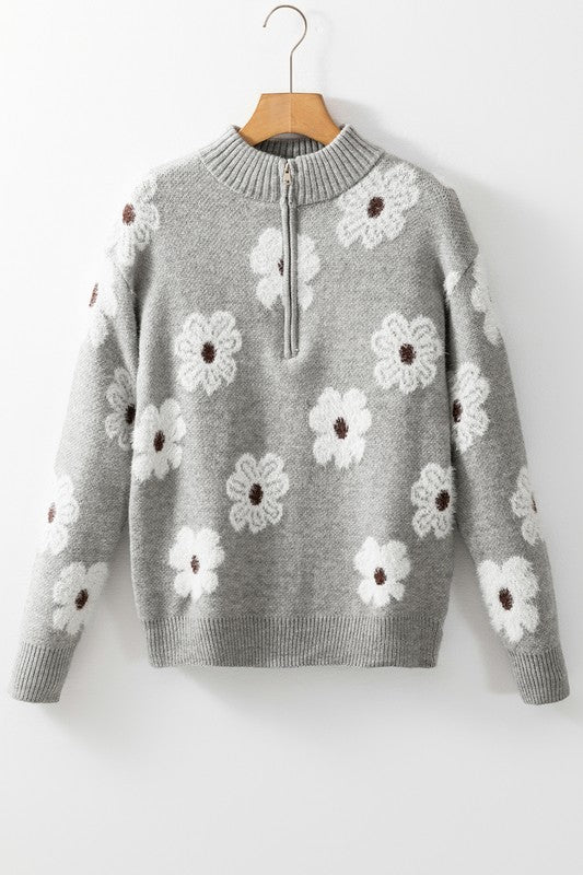 Vintage 60s Floral Pattern Half Zip Collar Sweater - Charming Charlie