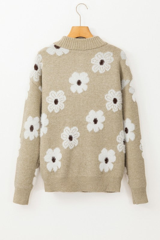 Vintage 60s Floral Pattern Half Zip Collar Sweater - Charming Charlie