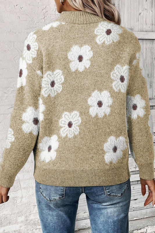 Vintage 60s Floral Pattern Half Zip Collar Sweater - Charming Charlie