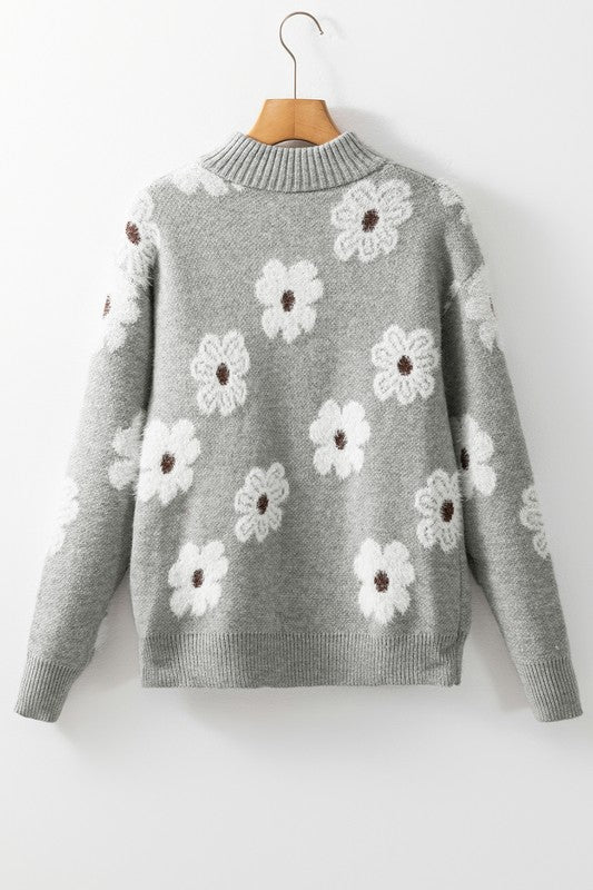 Vintage 60s Floral Pattern Half Zip Collar Sweater - Charming Charlie