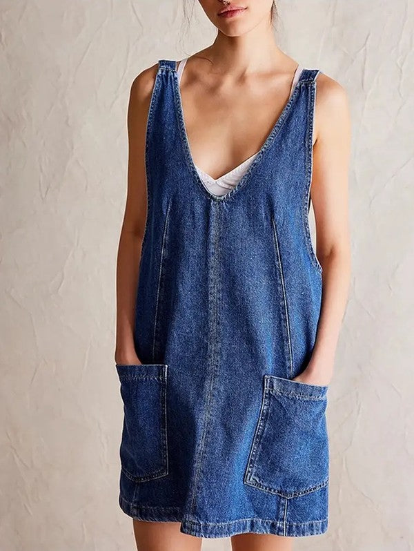 Denim scoop neck overall dress - Charming Charlie